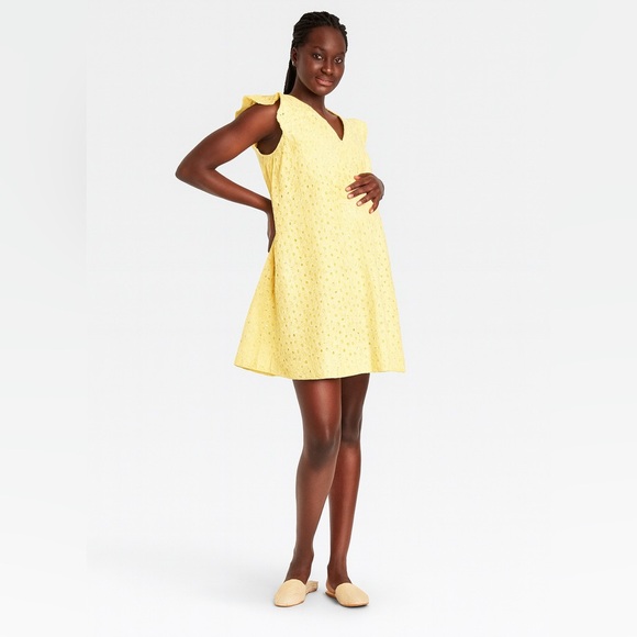 The Nines by HATCH Yellow Flutter Sleeve Eyelet Maternity Dress Size Large - Picture 1 of 10